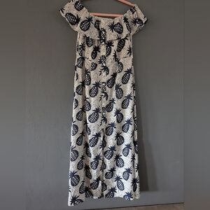 Lucca Navy And White Off The Shoulder Pineapple Midi Dress